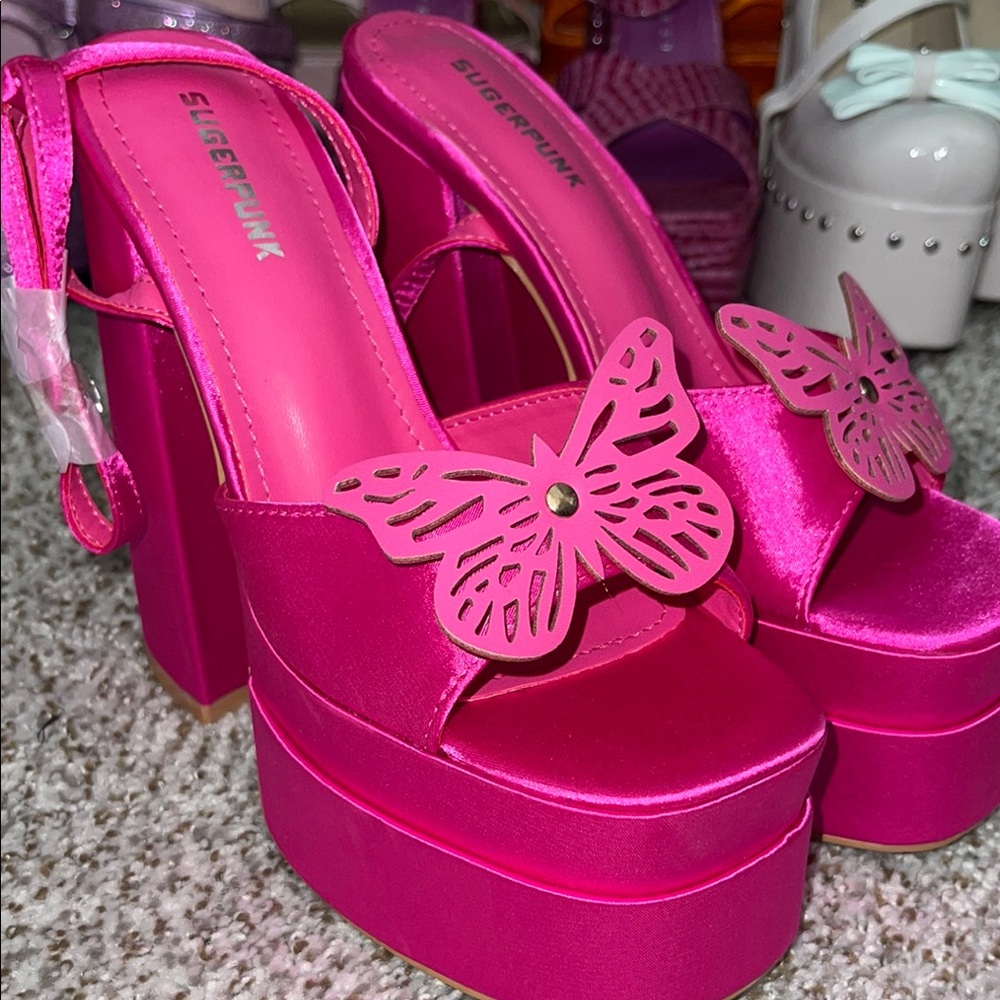Hot Pink Butterfly Platform Heels